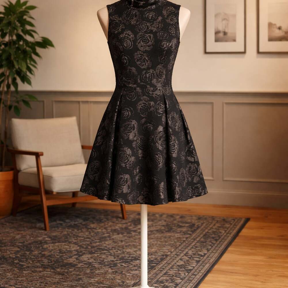Karen Millen Black & Rose Gold Rose Jacquard Mock Neck Dress Size US 8